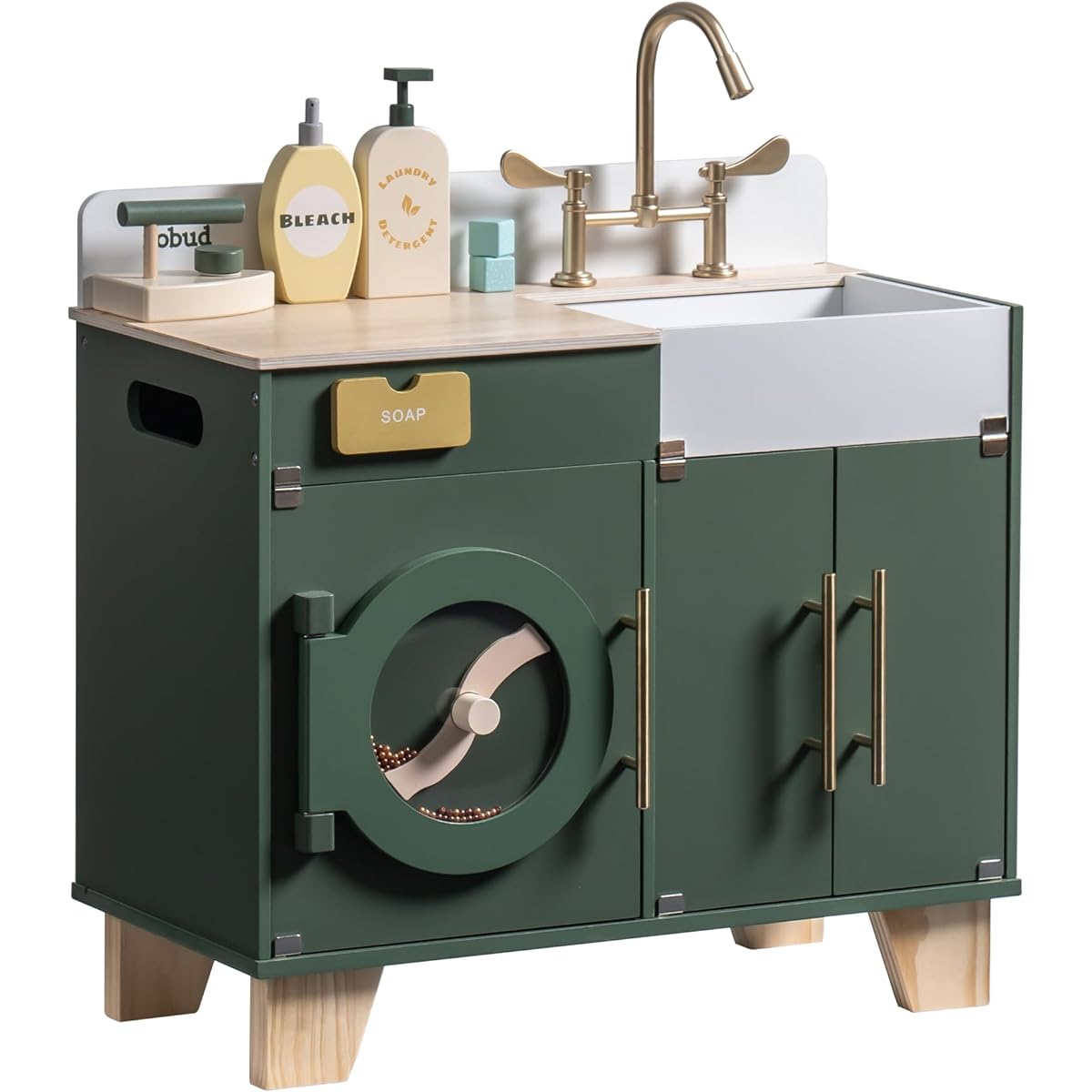 ROBUD Kids Kitchen Playset Vintage Wooden Multifunctional Washing Machine Toddler Pretend Kitchen Toy with Accessories Baby Gift 3 4 5 6 7 8