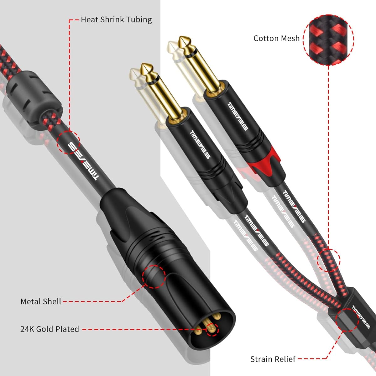 TIMEYES 3ft XLR to 6.35mm Cable - Dual 1/4" Male to XLR 3 Pin Male Plug Mic Cable - XLR to Dual 6.35mm TS Y Splitter Adapter Cord - Double 1/4" TS to XLR Unbalanced Mic Cable - 1M