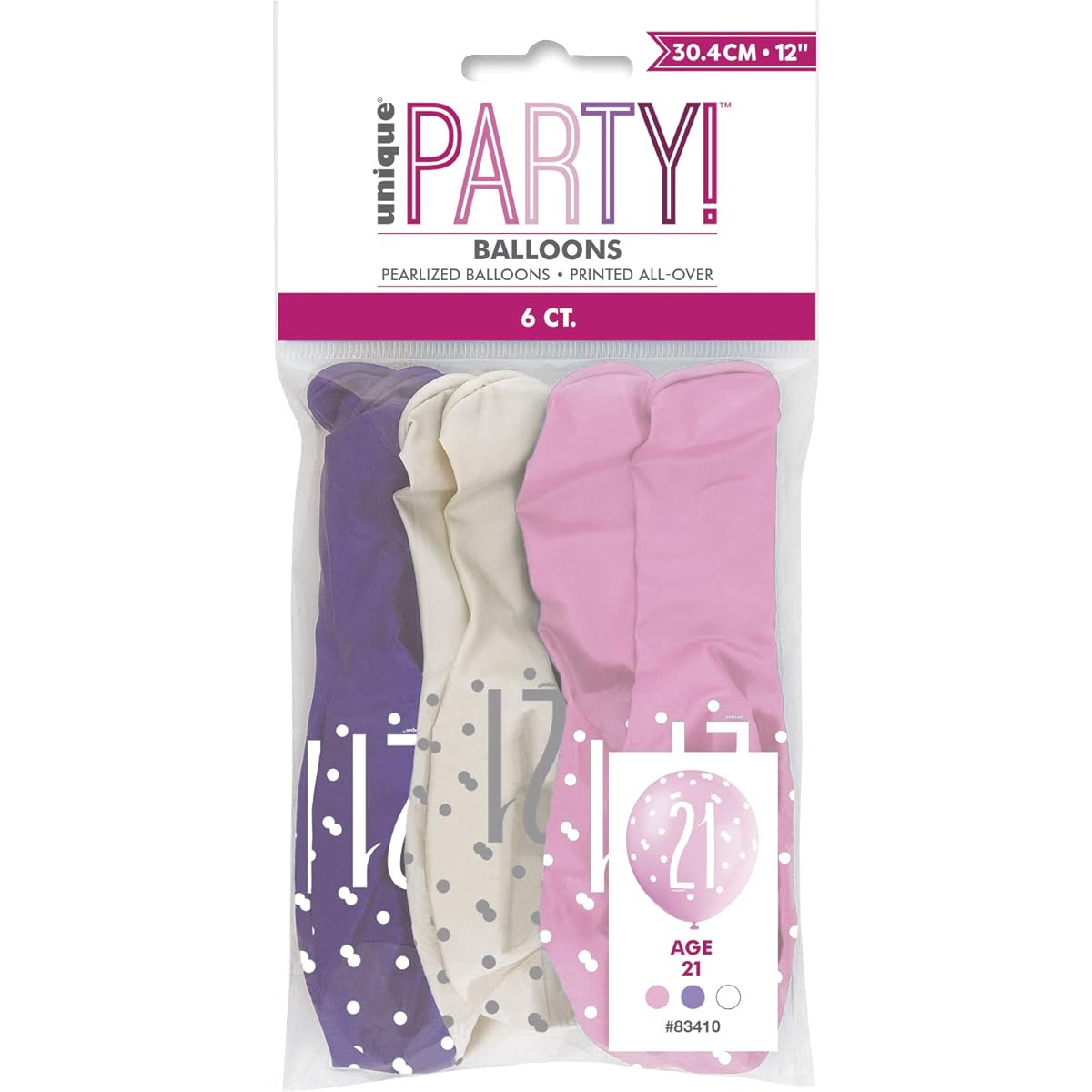Unique Party 83410 8315-12" Latex Glitz Pink & Silver 21st Birthday Balloons 6 Pack Pink 21st