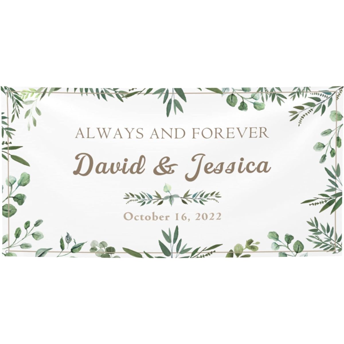 Always and Forever Banner 47" x 12" Customizable with Name and Date Wedding Anniversary Wedding Engagement Banner Personalized Elegant Green Celebration Banner Custom Wedding Sign Wedding Engagement Party Supplies Decoration (White)