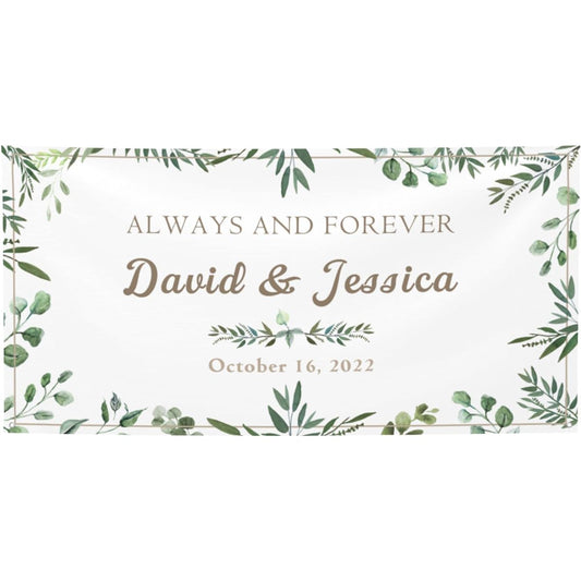 Always and Forever Banner 47" x 12" Customizable with Name and Date Wedding Anniversary Wedding Engagement Banner Personalized Elegant Green Celebration Banner Custom Wedding Sign Wedding Engagement Party Supplies Decoration (White)
