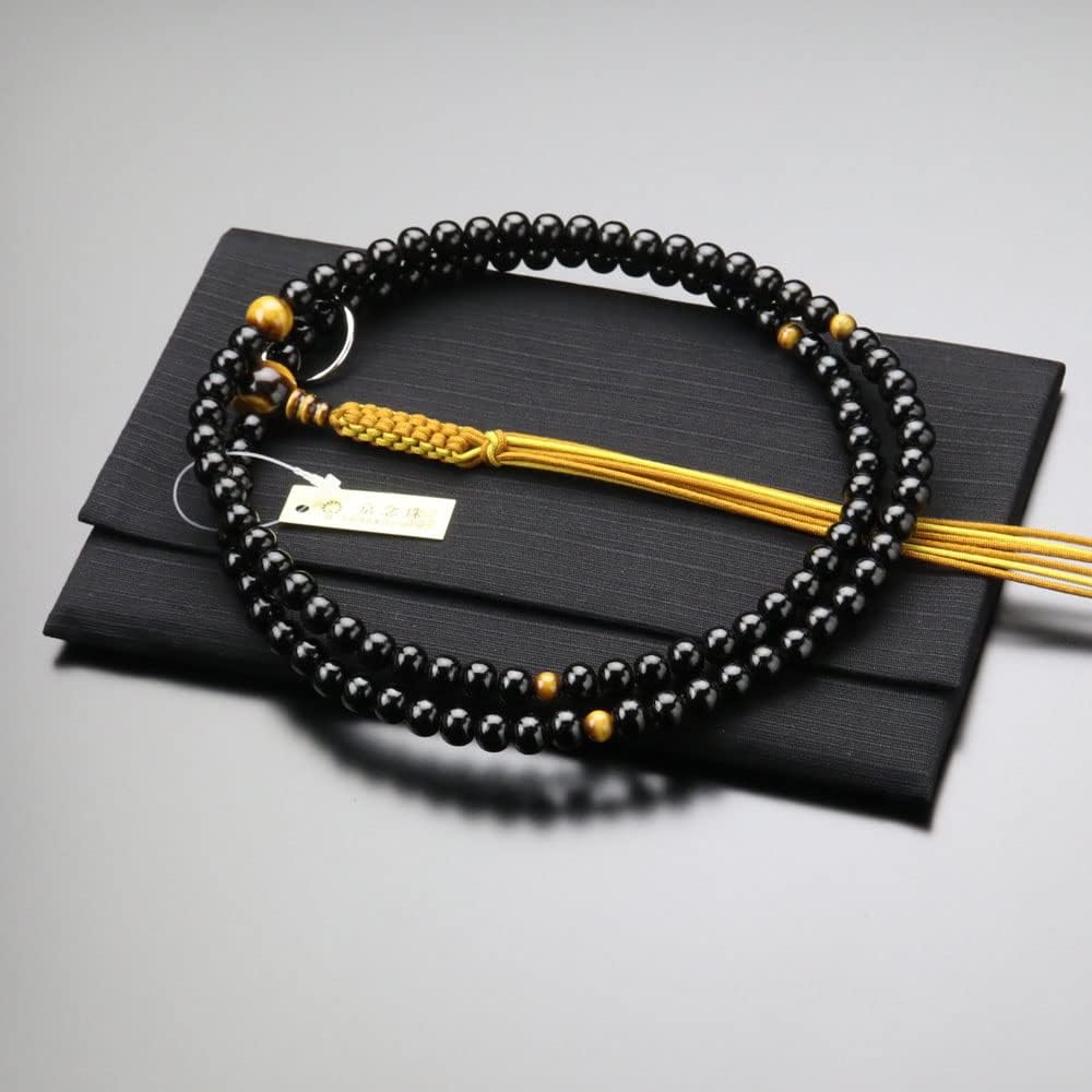 Nenju dot com Soto sect prayer beads for men Shakuni ebony (glossy) Tiger eye stone Genuine silver ring String tassel [Regular prayer beads Kyoto 108 beads 2 series Shaku 2 Zen sect Tiger eye stone Tiger eye black Funeral funeral memorial service Memoria