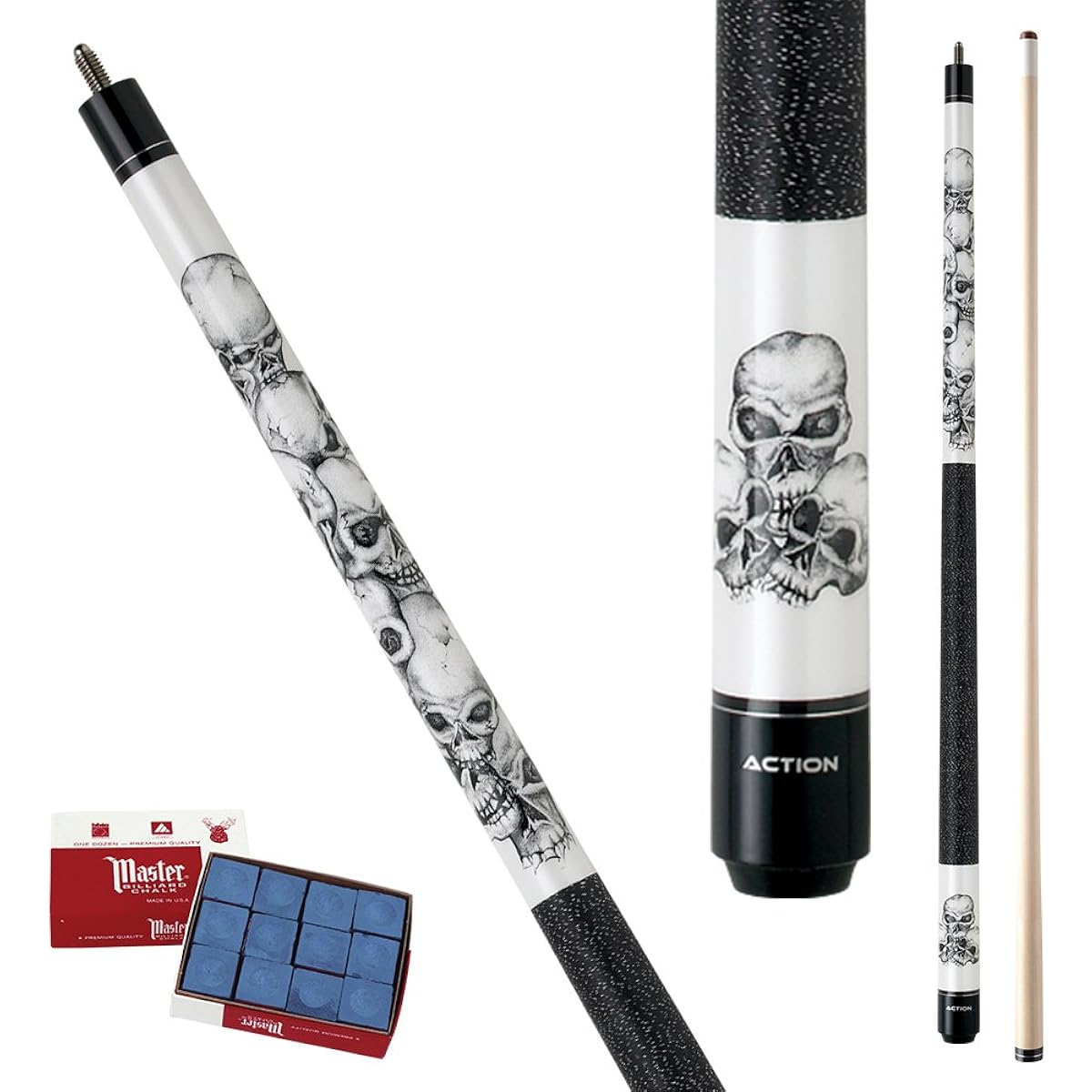 Action Adventure ADV60 Stacked Skulls Pool Cue Stick with 12 Pieces of Master Billiard Chalk