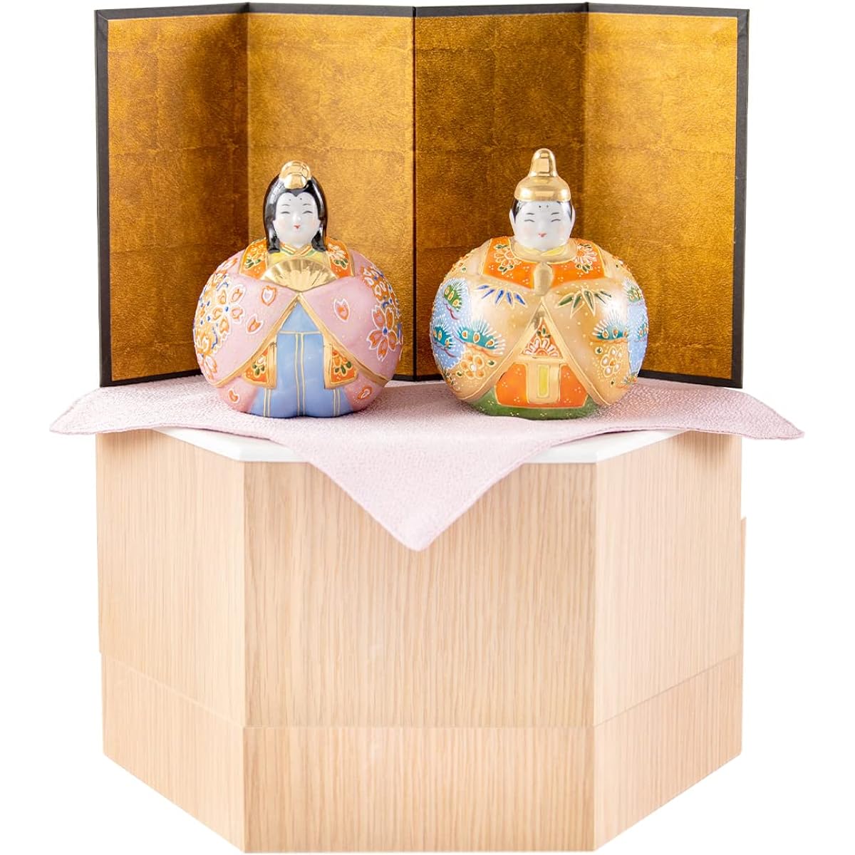 FUN fun Hina Doll Compact Ceramic Kutani Ware Sakuramori Prince and Princess Decoration with Wooden Storage and Display Stand Storage Decoration Traditional Craft Made in Japan