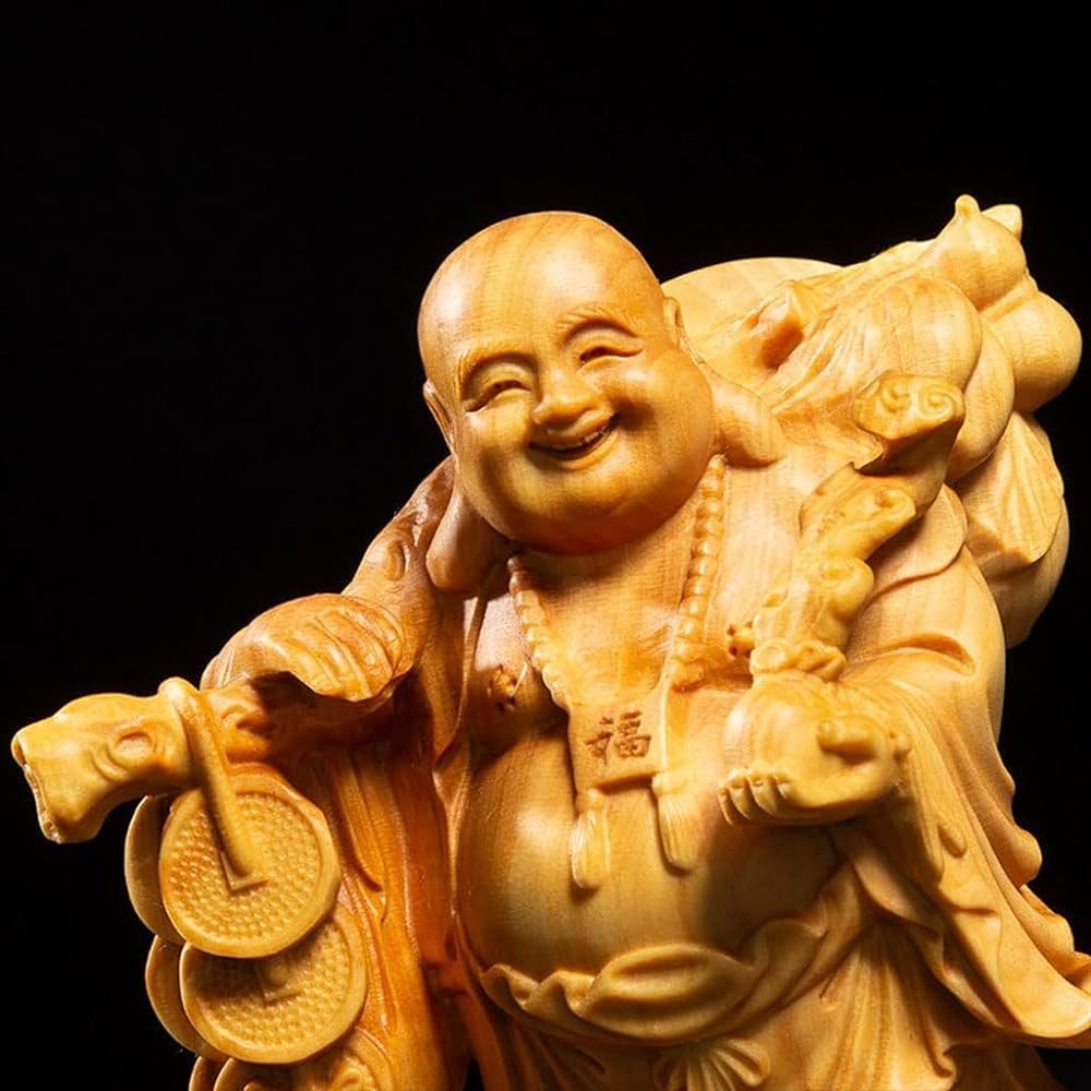 Buddha Statue Wood Carving Mini Seven Lucky Gods Ornament Hotei High Quality Natural Boxwood Wood Carving Hotei-sama Feng Shui (Height 10cm)