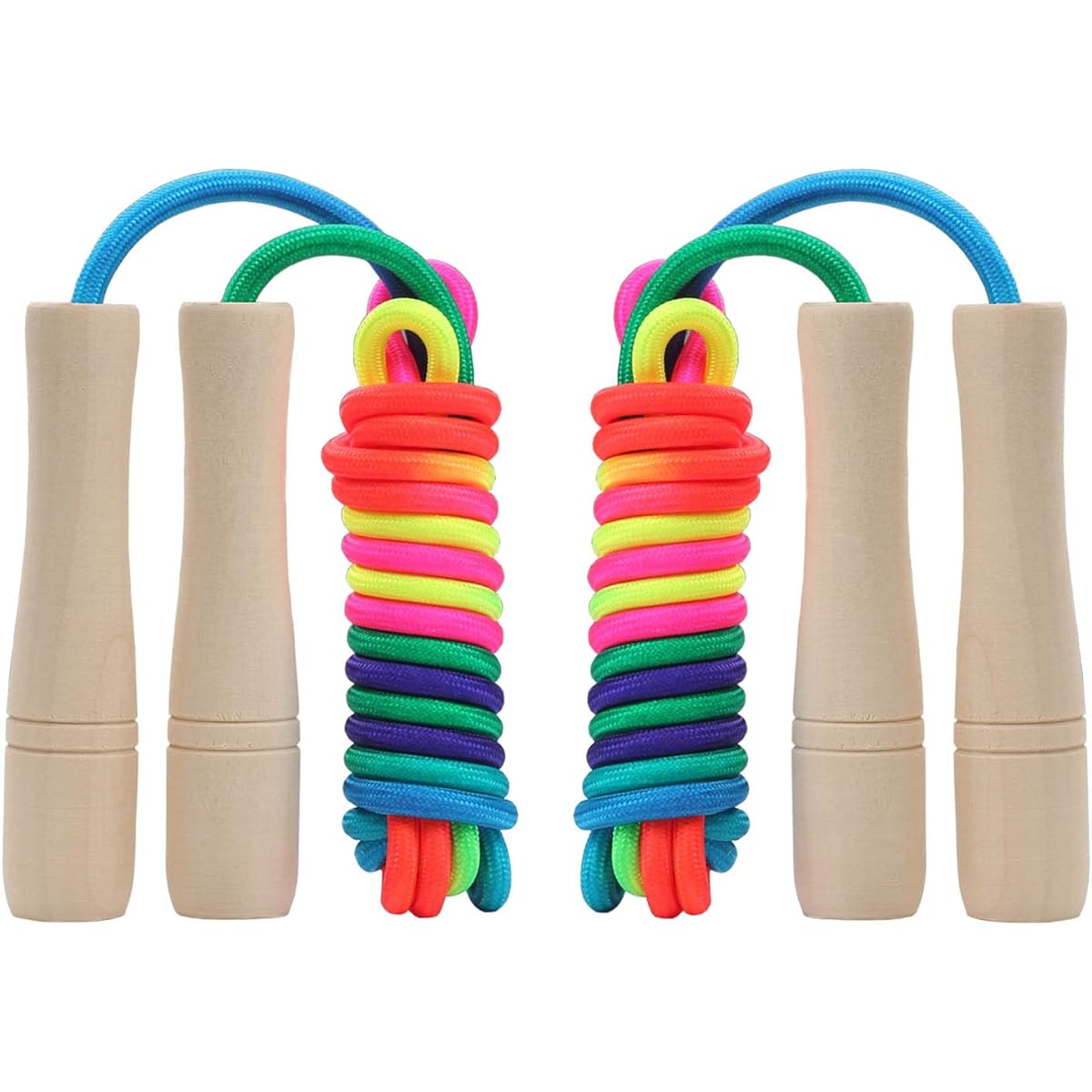 Kids Jump Rope 2 Pack 8ft Adjustable Jump Rope with Wooden Handle and Rainbow Rope Kids Jump Rope for Boys Girls Exercise Fitness