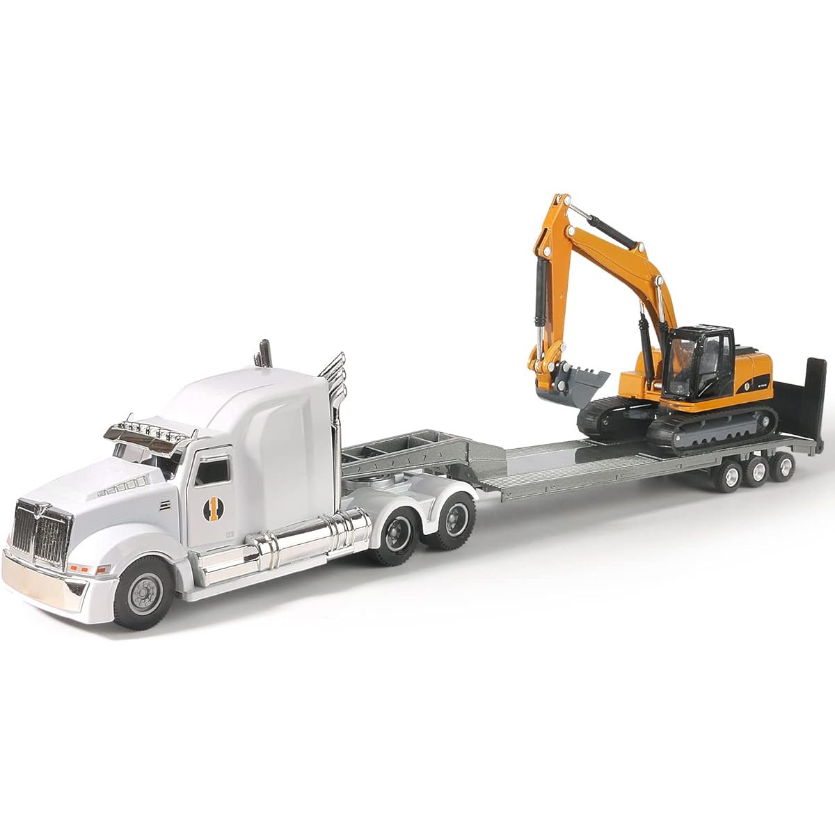 Diecast Semi Truck & Excavator Toy Model Metal Flatbed Truck with Excavator Tractor Metal Construction Vehicle Model Kids Toys
