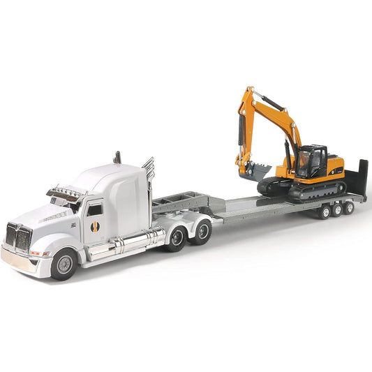 Diecast Semi Truck & Excavator Toy Model Metal Flatbed Truck with Excavator Tractor Metal Construction Vehicle Model Kids Toys