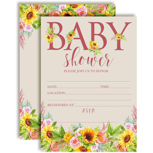 AmandaCreation Watercolor Sunflower and Peony Flower Baby Shower Invitation 5"x7" Card Includes 20 White Envelopes