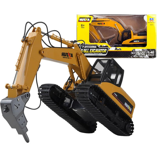 Gemini & Genius Drill Excavator Toy Demolition Machinery Vehicle Construction Vehicle Toy 1/40 Scale Diecast Impact Hammer Engineering Truck Alloy Model Toy for Kids