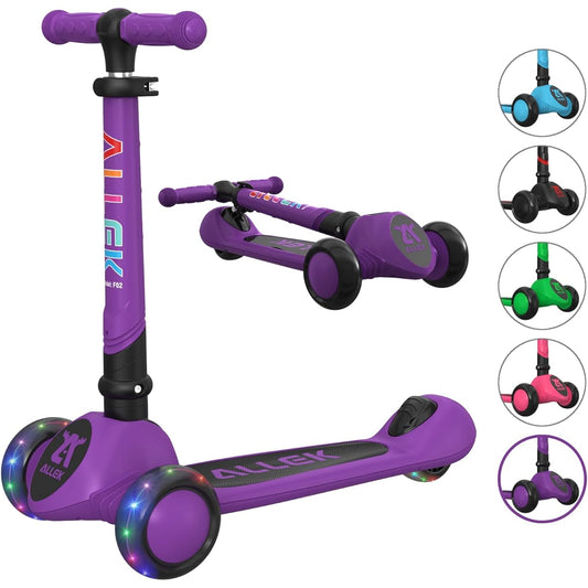 Allek Foldable Kick Scooter F02 3 Wheel LED Flashing Glider 4 Height Adjustable Anti-Slip Thick Deck Push Scooter for Kids 3-12 Years Old