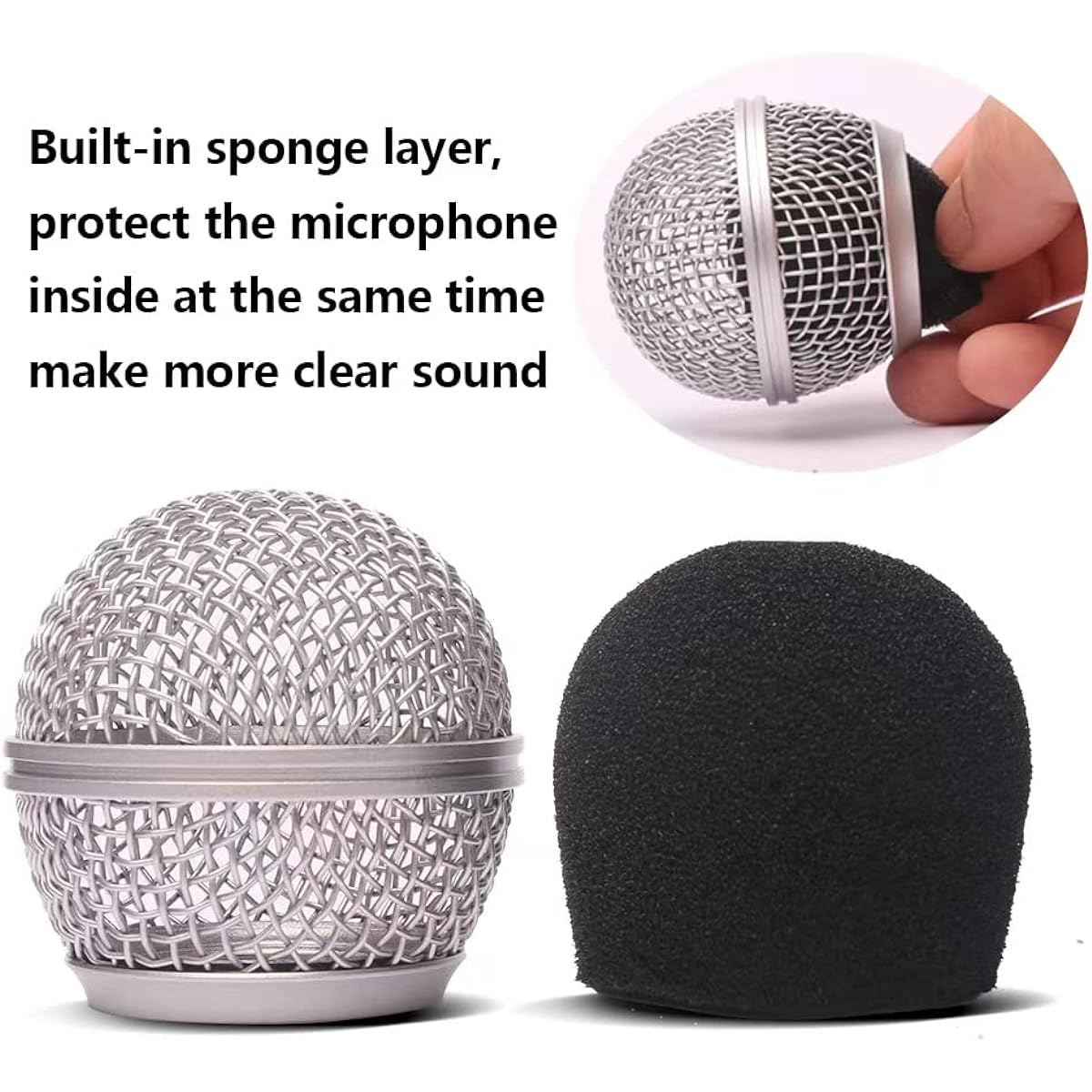 4pcs Silver Microphone Head Replacement Mic Grill Ball with Inner Foam Steel Mesh Microphone Grill Head Grill Ball Type for Beta SM58
