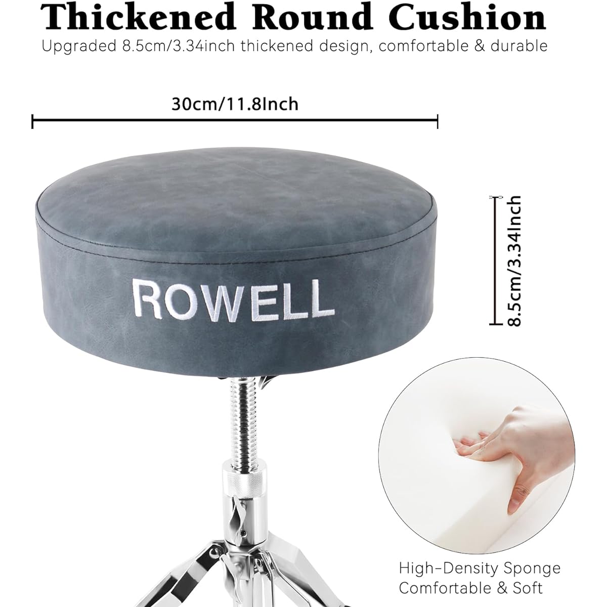 ROWELL Drum Throne Height Adjustable Drum Stool Drum Throne Thick Padded Double Support Anti-Slip Drum Seat Perfect for Adults and Drummers Drum Sticks Drum Keys (Textured Blue)