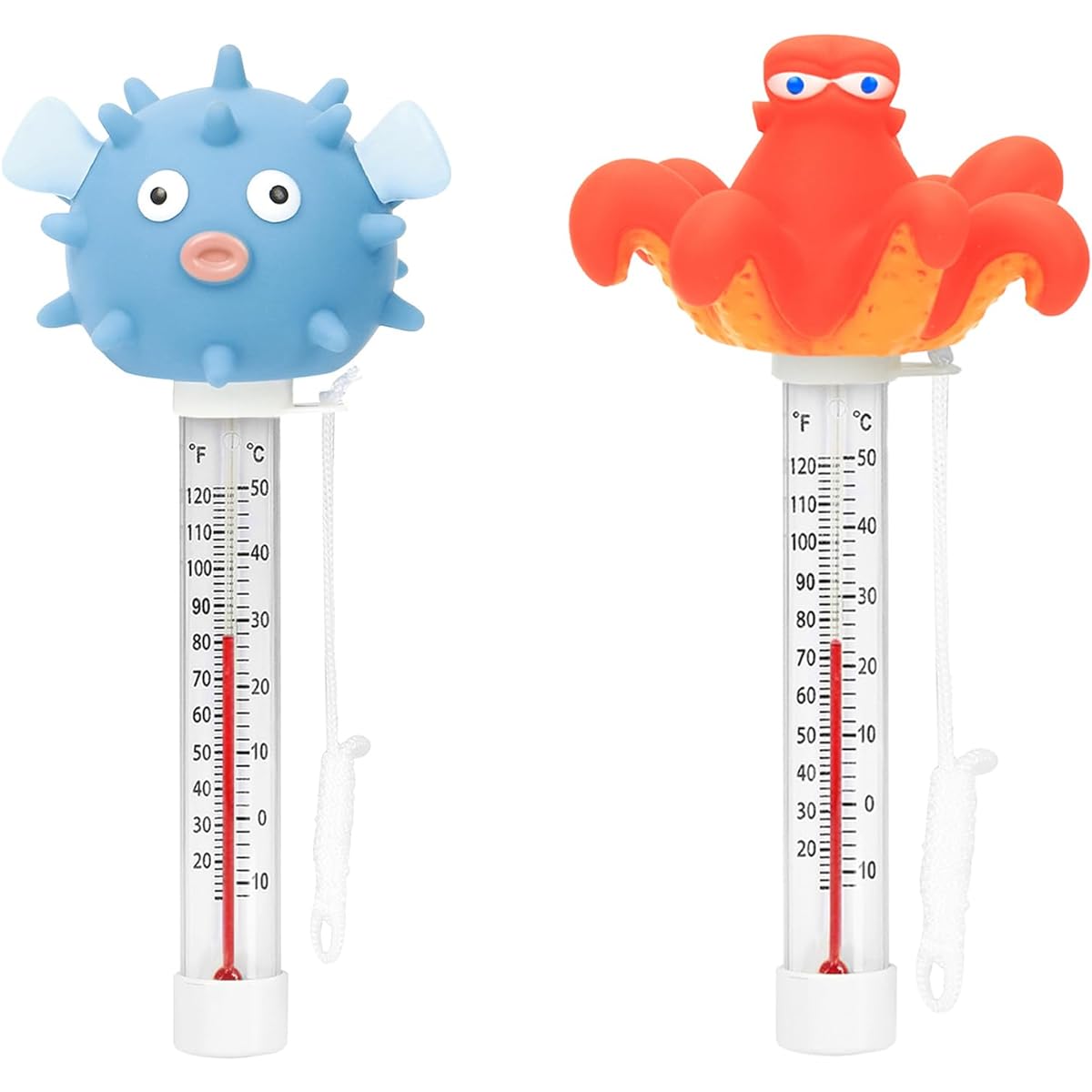 XY-WQ 2 Pack Floating Pool Thermometer, Large, Easy to Read, Water Temperature, with Drawstring, for Outdoor and Indoor Swimming Pools and Spas (Octopus and Puffer)