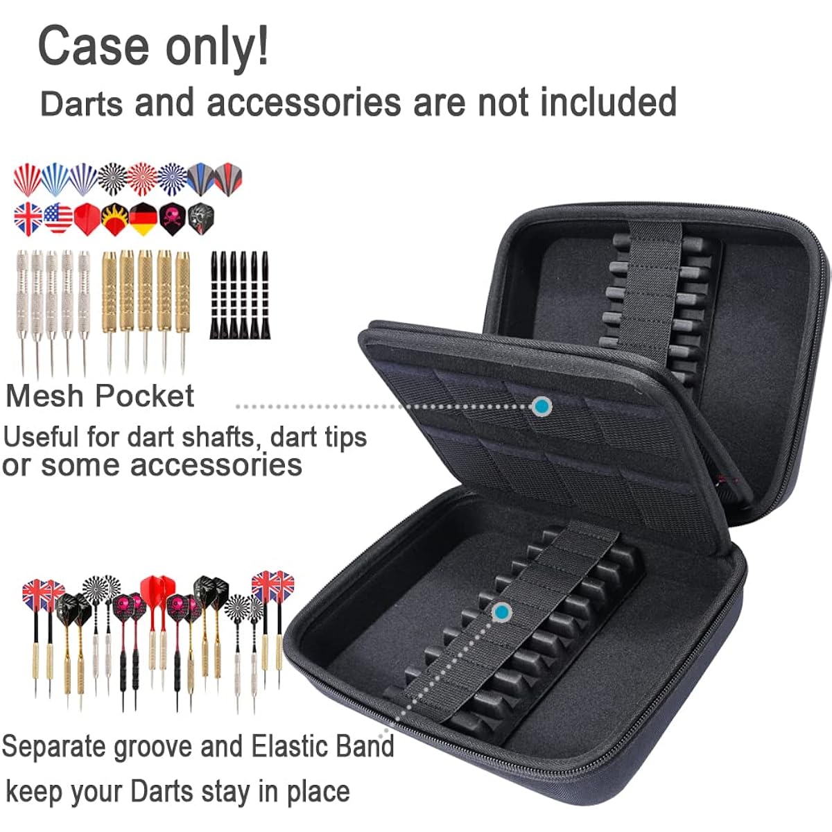 RAIACE Hard Storage Dart Case for Steel Tip or Soft Tip Darts, Dart Carrying Case for Dart Tips, Shafts and Flights (Case Only, Darts Not Included) - Black