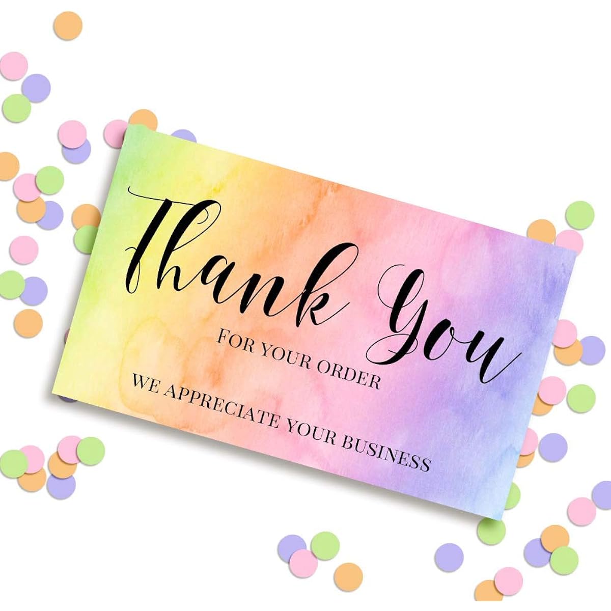 AmandaCreation Soft Pastel Rainbow Watercolor Thank You Customer Appreciation Package Inserts for Small Businesses - Pack of 100 2" x 3.5" Single Sided Insert Cards