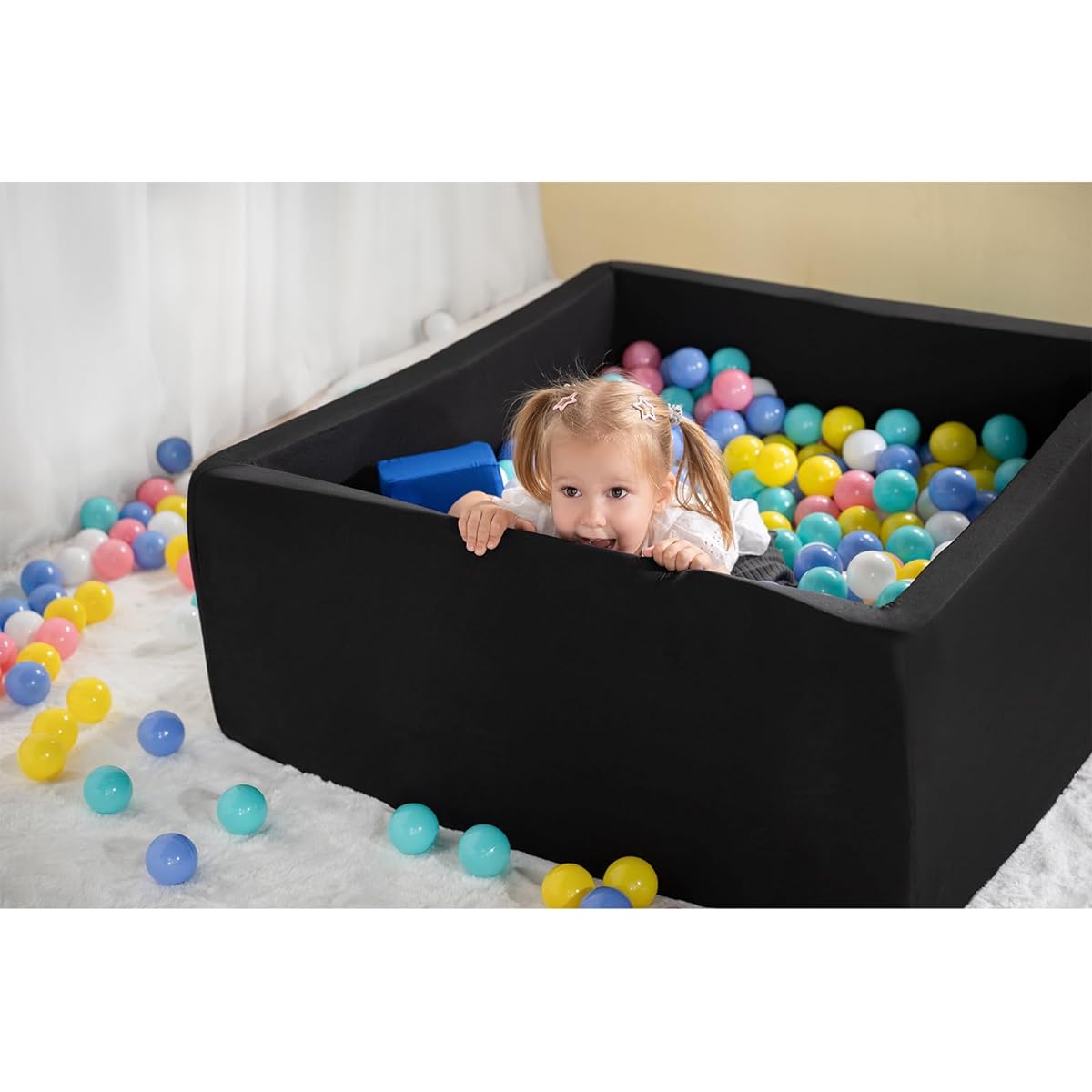 UHAPPYEE Square Foam Ball Pit for Toddlers 90x90x30cm Softball Pit Pool with Removable Cover Indoor Memory Sponge Ball No Ball - Black