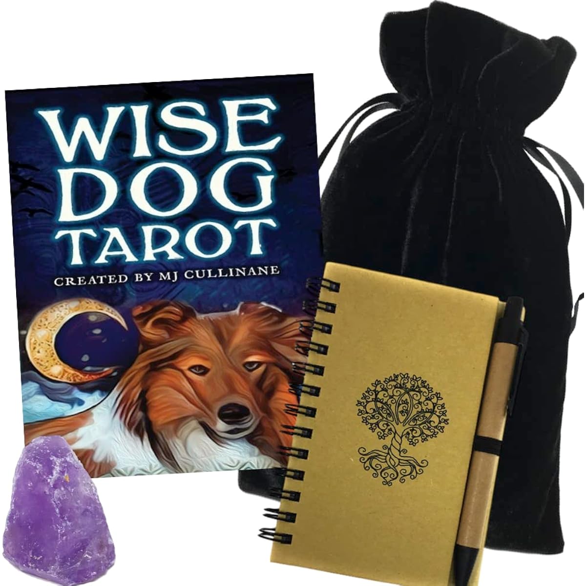 Wise Dog Tarot Card Deck for Beginners or Experienced Readers - Tarot Gift Set with Instructions Black Tarot Card Bag Amethyst Journal with Pen