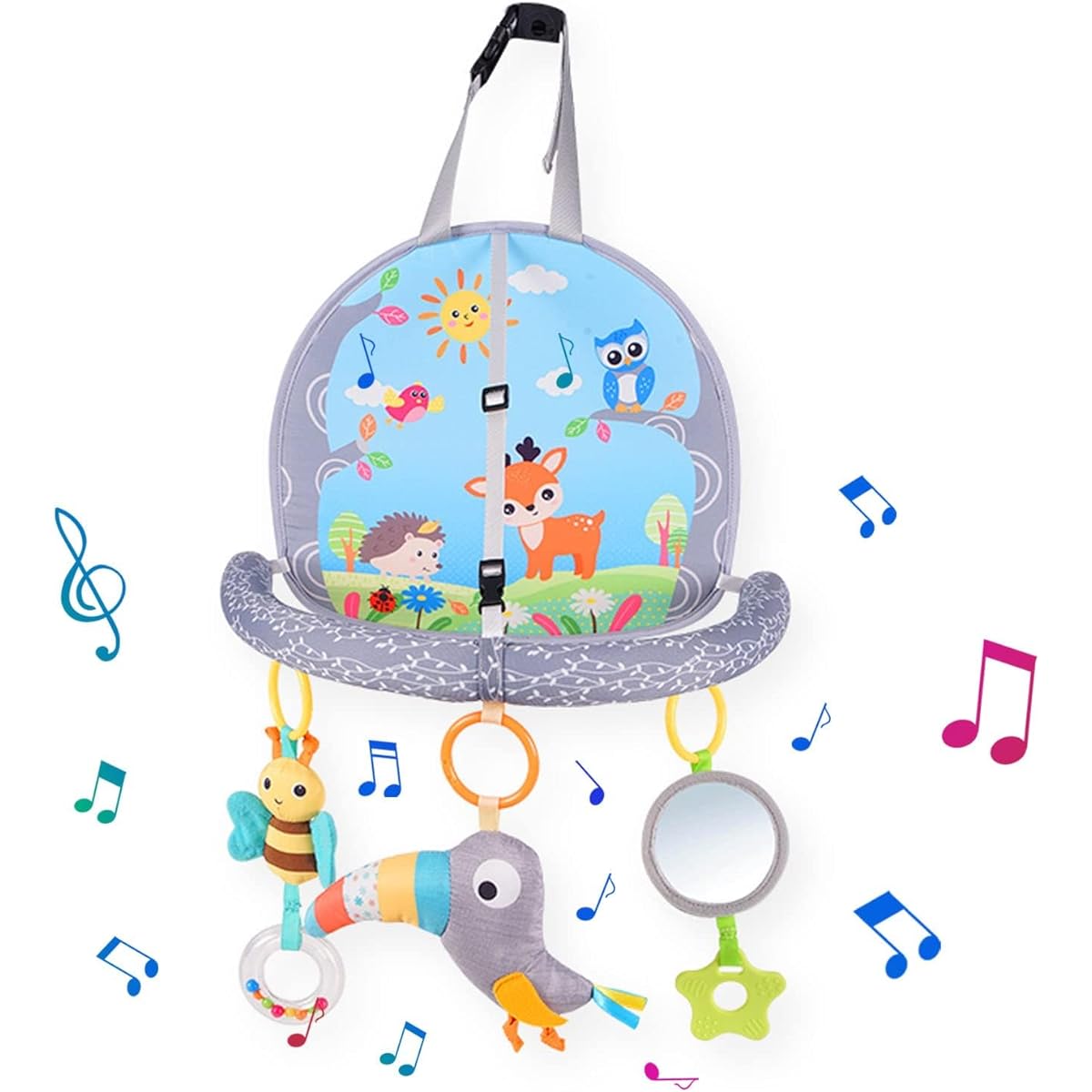 Ussybaby Car Seat Toys 0-6 Months Toddler Car Seat Toys for Babies 6-12 Months Musical Baby Car Seat Activity Arch with Rattle Mirror for Baby Kick & Play Activity Center Fox