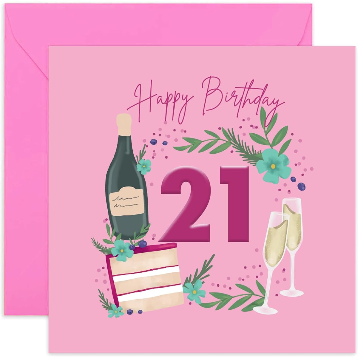 Old English Co. 21st Birthday Bubbles and Cake Card - Champagne Celebration - Feminine 21st Birthday Card for Women - Sister, Mom, Aunt, Friend - Blank Inside - Envelope Included