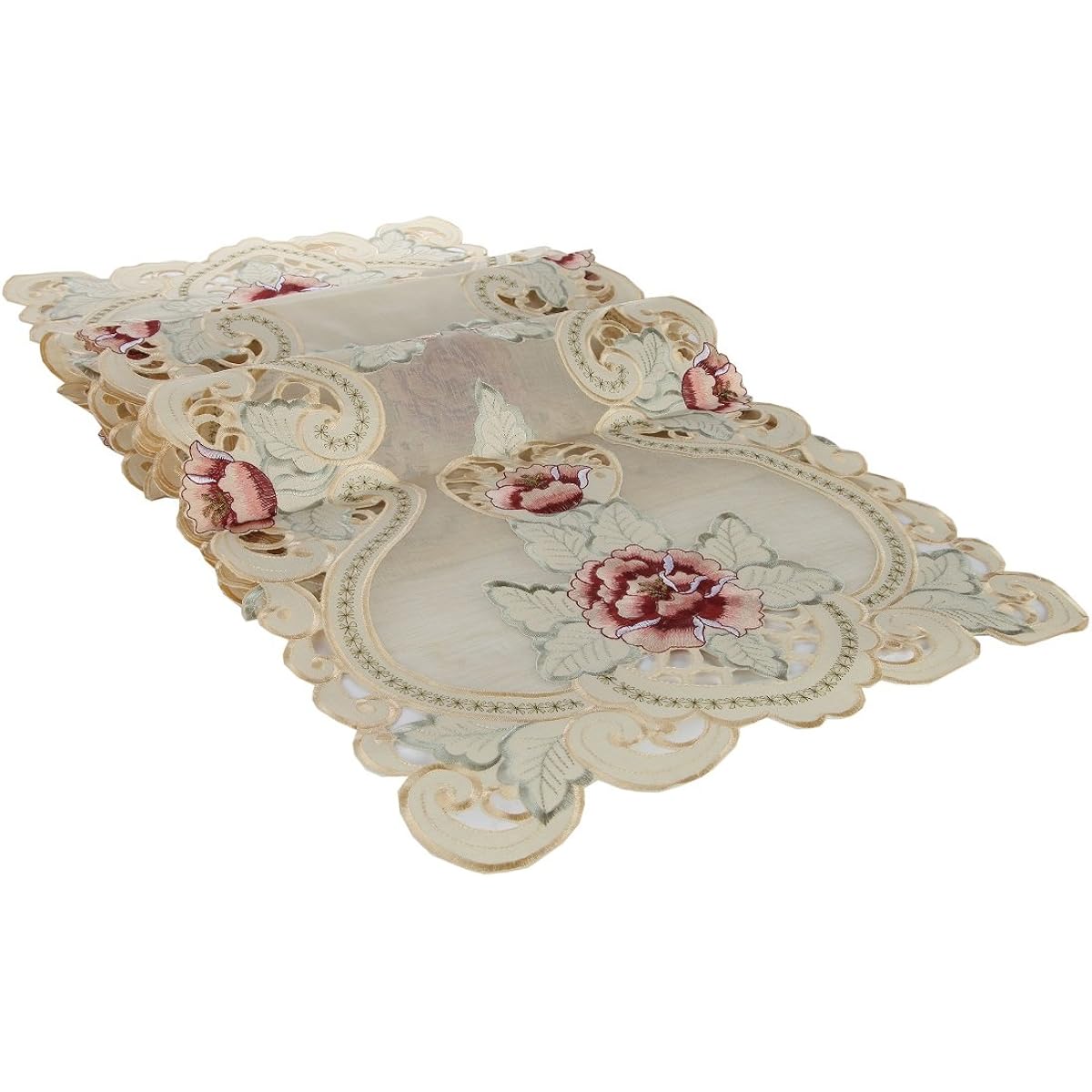 Home-X Embroidered Lace Table Runner Pink and Burgundy Flowers with Gold Metallic Stitching