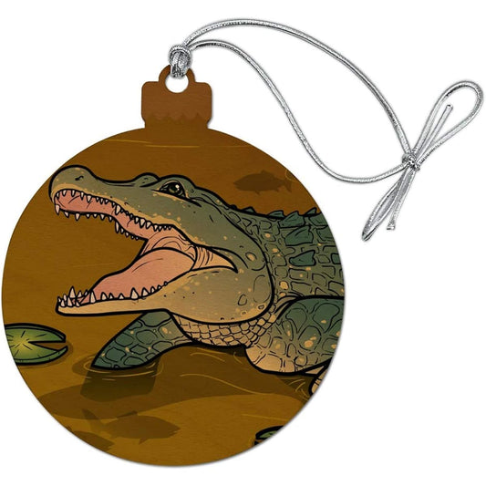 Swamp Alligator Wood Christmas Tree Holiday Ornament with Lily Pad