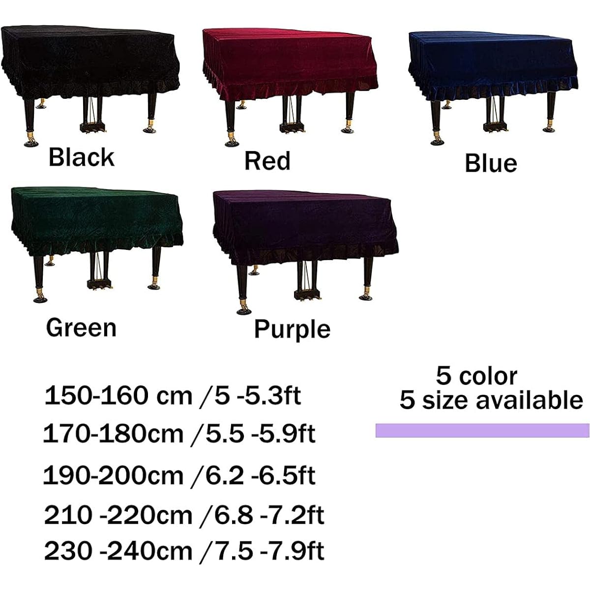 J&C Grand Piano Cover 220G Thicker Pile Gold Velvet 5' 5.5' 5' 8' 6' 6.8' 7.5' 8' Dustproof and Static (Blue, Excluding Chair Cover) (170-180 cm /5.5 -5.9')