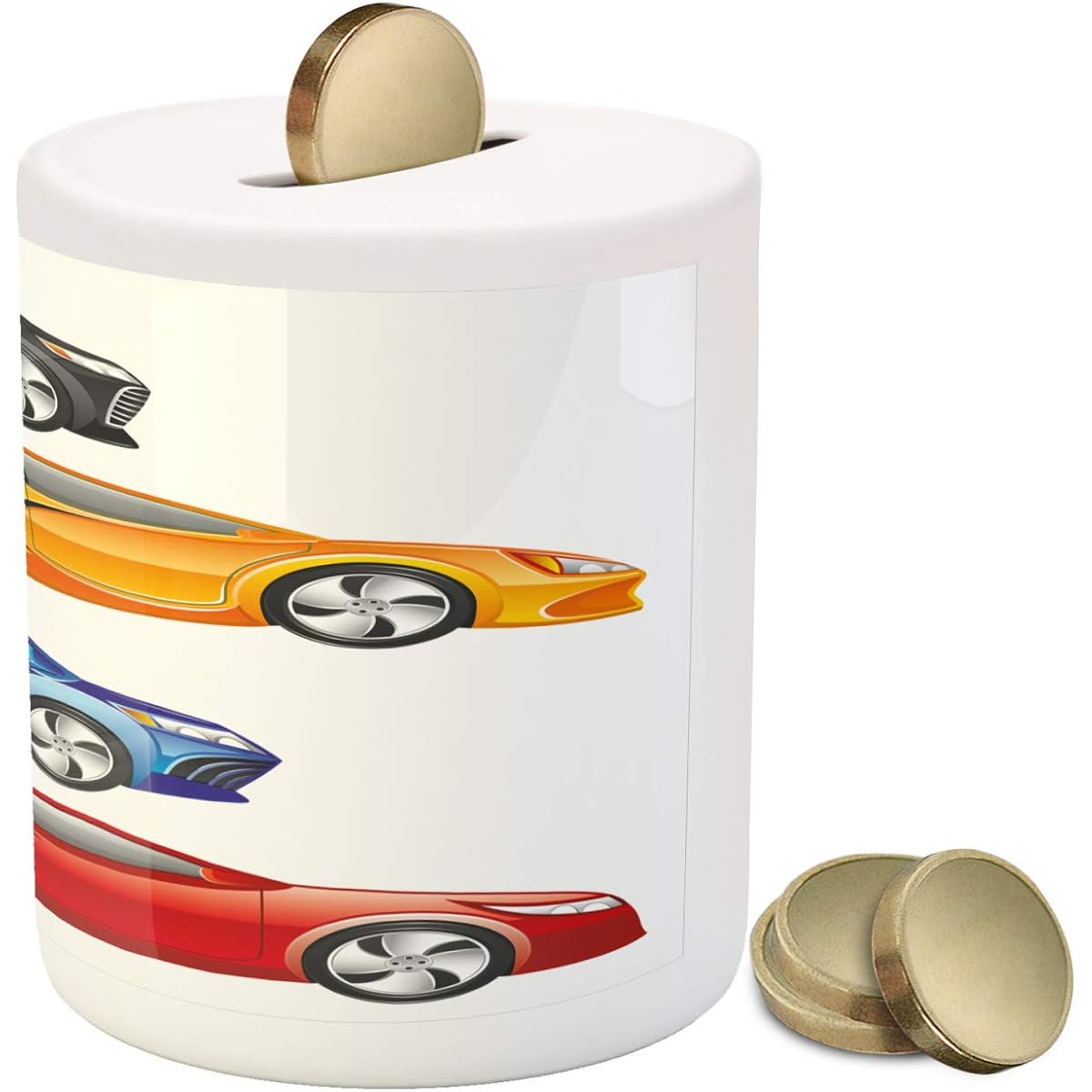 Lunarable Cartoon Piggy Bank Modern Automobile Rally Colorful Design Urban Car Sport Race Speed Theme Ceramic Coin Bank Cash Saving Money Box 3.6" x 3.2", Multicolor