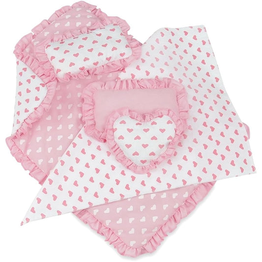 18 Inch Doll Accessories | Reversible Pink Heart Print Ruffled Bedding Set with Comforter, 3 Pillows and Sheet | Fits American Girl Dolls by Emily Rose Doll Clothes