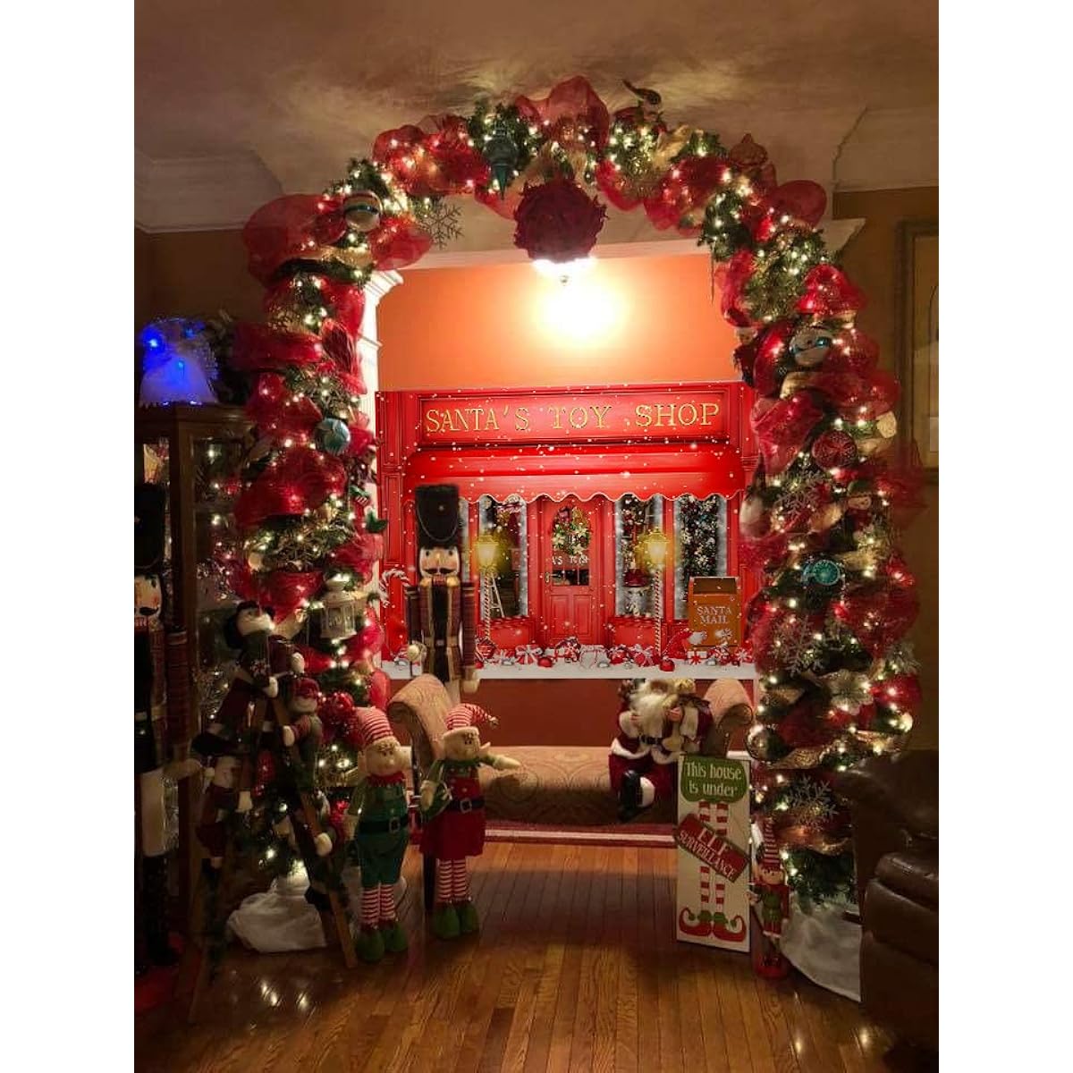Santa's Toy Store Photo Background Christmas Tree Gift Candy Snow Window Store Backdrop Christmas Wall Decor Winter Gift Backdrop Photo Booth 7x5ft