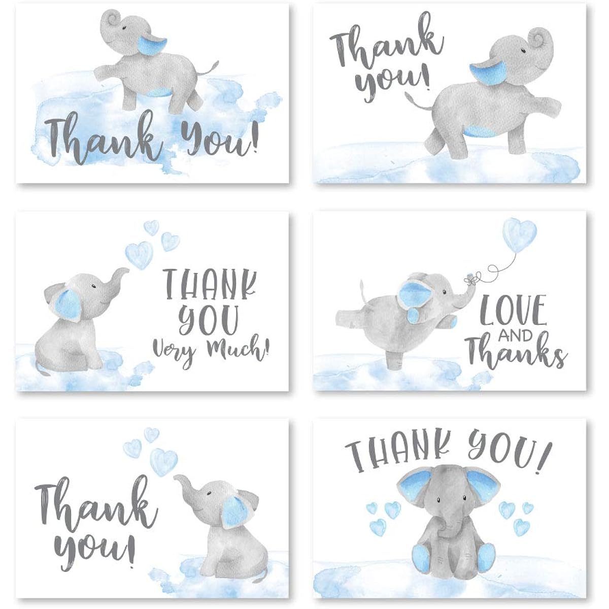 Blue Elephant Baby Shower Thank You Cards with Envelopes, 24 Kids Thank You Notes Animals 4x6 Inch Assorted Thank You Cards Pack for Party Boys Kids Birthday Cute Event Appreciation DIY Bulk Stationery