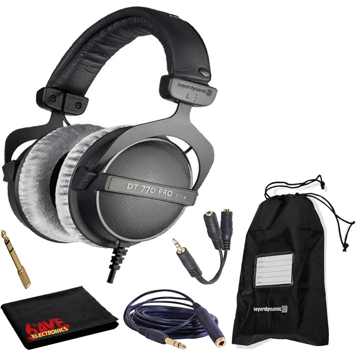 beyerdynamic DT 770 Pro 80 Ohm Closed-Back Studio Mixing Headphones Bundle - Includes Soft Case, Headphone Splitter, Extension Cable, and 6AVE Cleaning Cloth