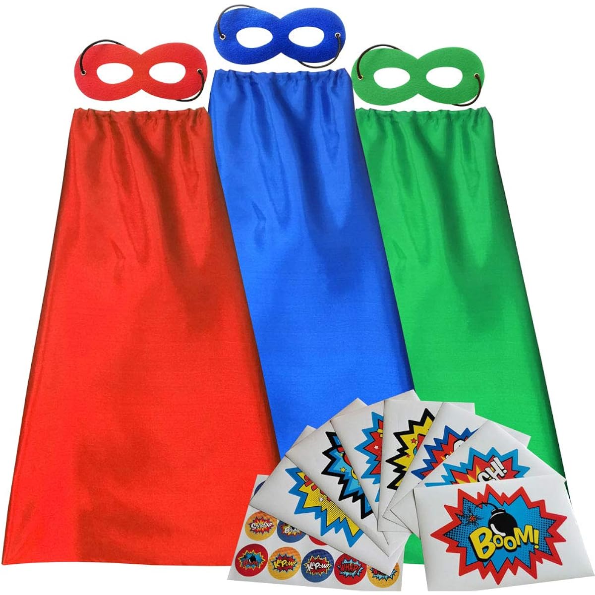 ADJOY 3 Pack Superhero Capes and Masks for Kids - Christmas Superhero Party Dress Up Costume - Red, Green, Blue