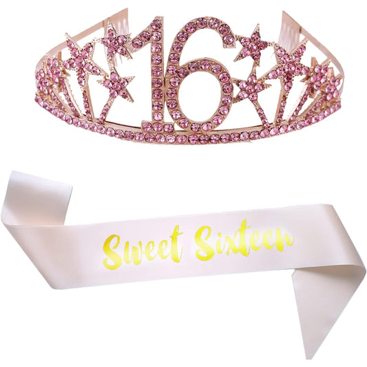 16th Birthday Sash and Tiara Set Birthday Girl Crown Tiara Women's 16th Birthday Party Souvenir Supplies Pink Crown Pink Sash