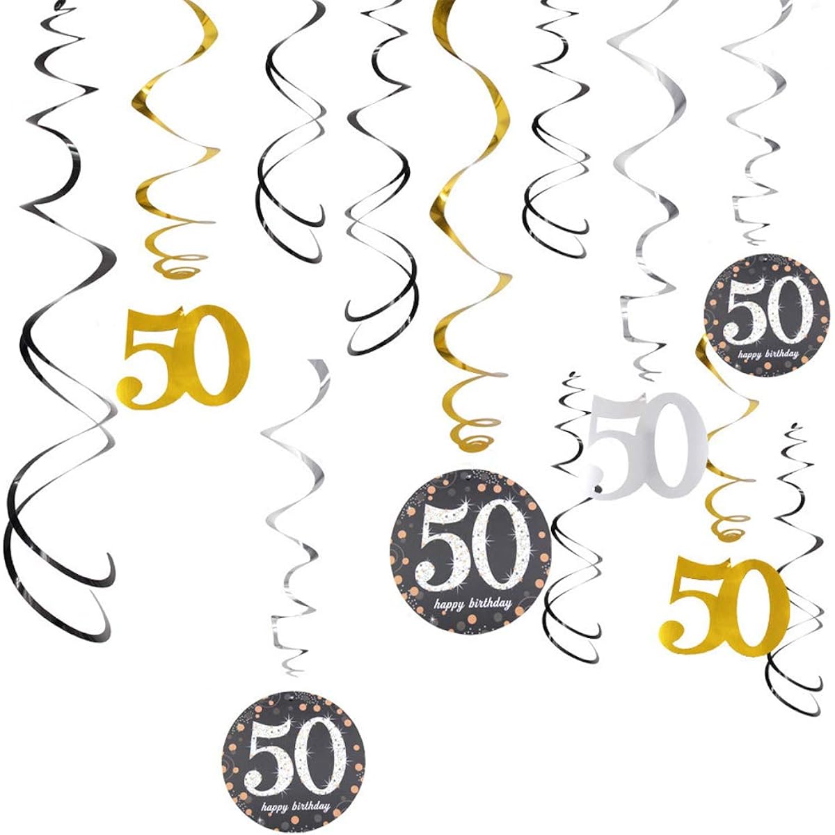 50th Birthday Party Decorations Kit, 50th Party Supplies Glitter Happy Birthday Banner Bunting Garland 6pcs 12pcs Paper Pom Poms Hanging Swirls 50th Anniversary Decorations