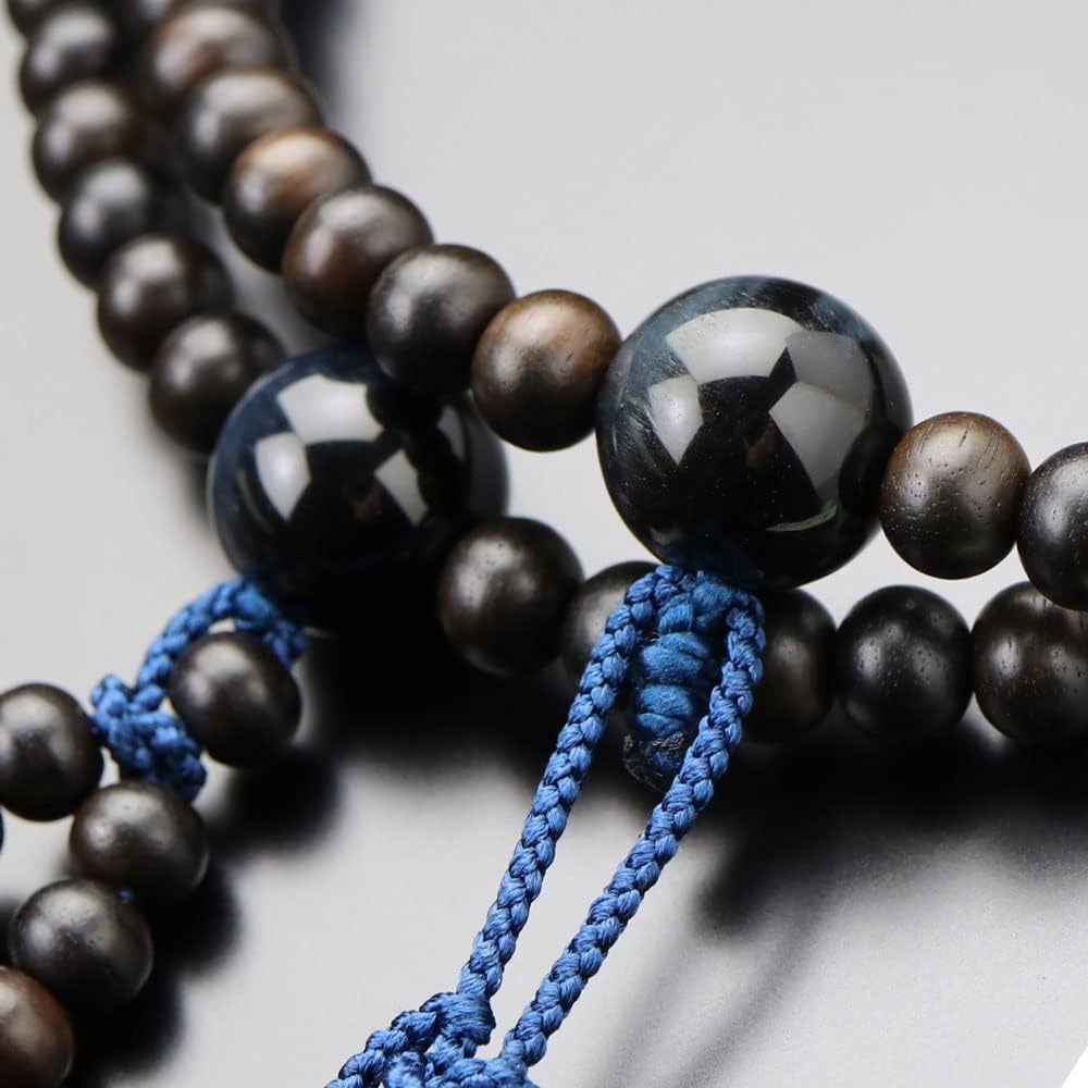 Nichiren Buddhist Prayer Beads for Men, Shakuni, Striped Ebony (Matte), Blue Tiger Eye Stone, Sanskrit Tenbou [Authentic Prayer Beads, Kyoto Prayer Beads, Kyoto 108 Beads, 2 Shakus, Hawk Eye, Blue Tiger Eye, Tiger Eye Stone, Lotus, My Prayer Beads 200030