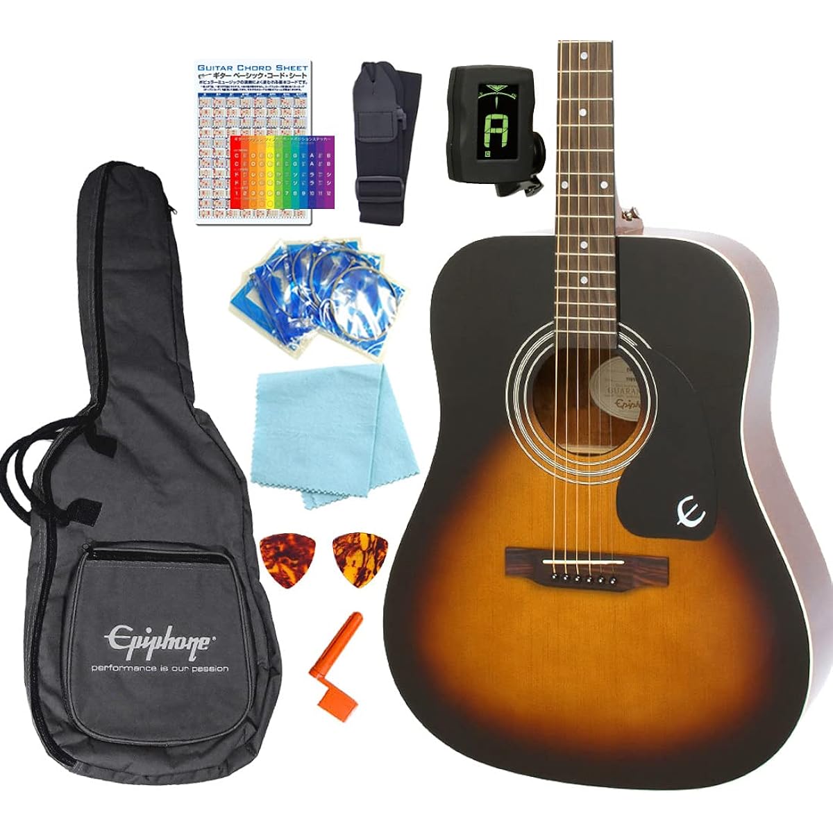Epiphone Songmaker DR-100 Acoustic Guitar for Beginners, 10-Piece Set, VS [98765]
