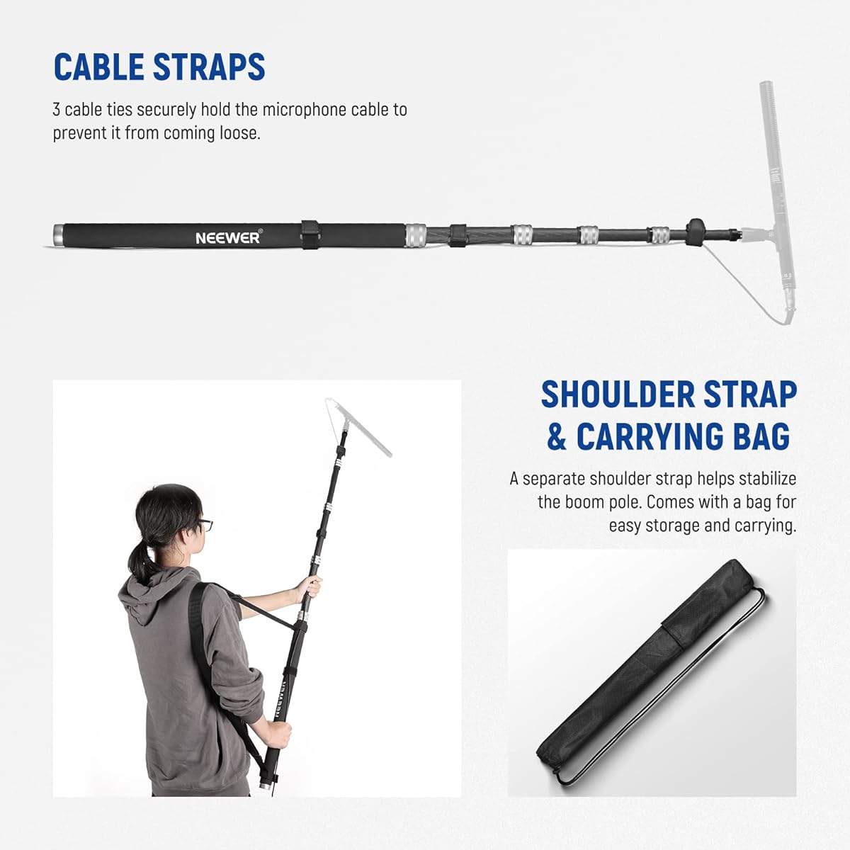 NEEWER Upgraded Microphone Boom Pole 9.8ft/300cm Telescoping Carbon Fiber Microphone Boom Arm 5 Sections 1/4" 3/8" 5/8" Thread Adapter Cable Strap Shoulder Strap Storage Bag MS-300C