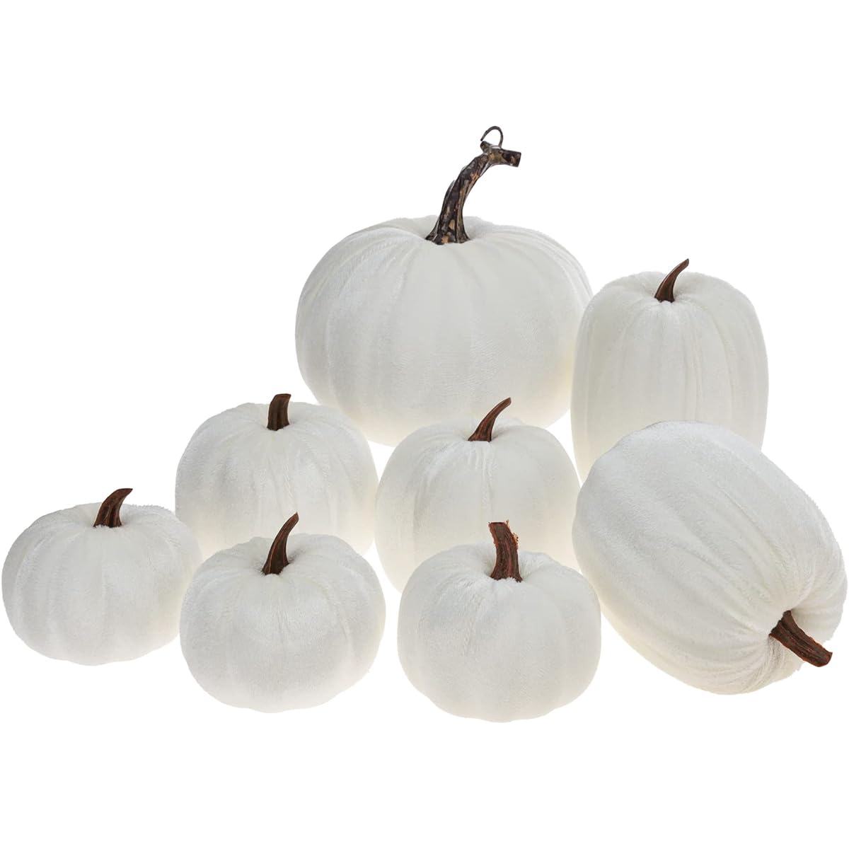 Meiwlong Velvet Fabric Artificial White Pumpkin Faux Velvet Cloth 8 Piece Pumpkin Set Halloween Handmade Foam Kitchen Realistic Decoration