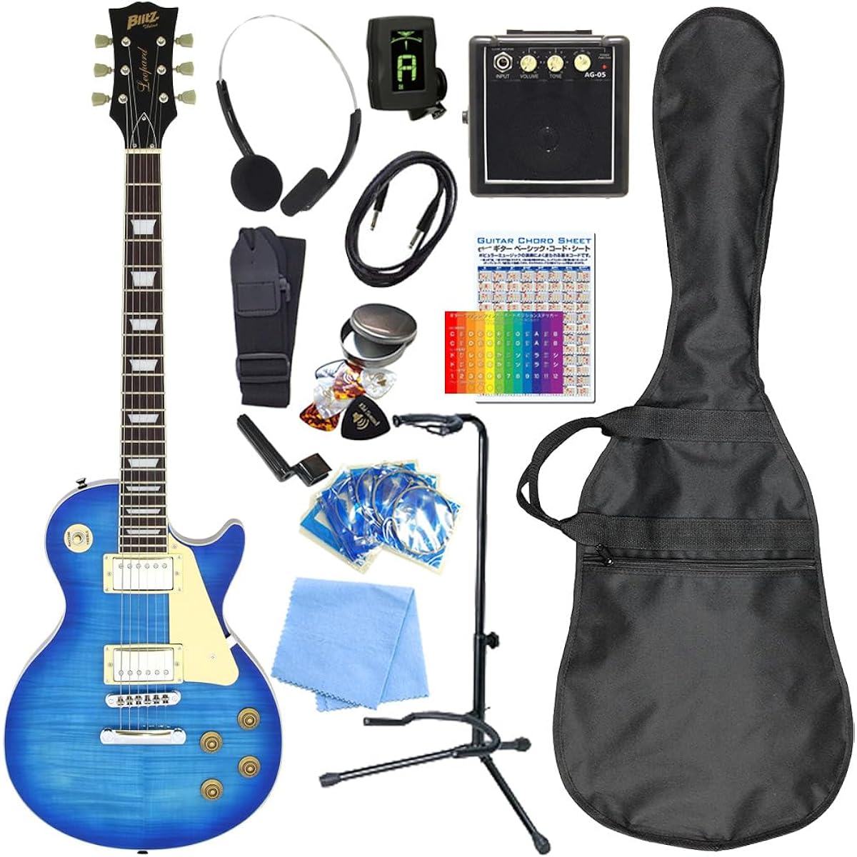 Electric guitar beginner set Les Paul Standard type with mini amp 15-piece set Blitz BLP-450 SBL [98765]