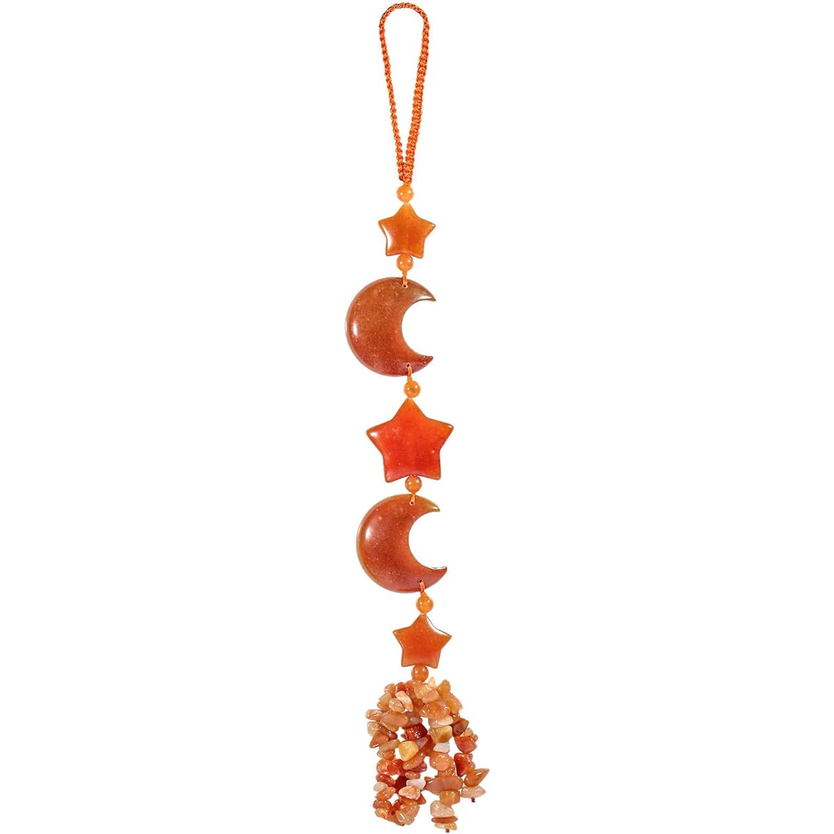 mookaitedecor Red Aventurine Crystal Moon & Stars Hanging Ornament with Chip Stone Tassel Feng Shui Ornament Home Car Decor Reiki Meditation 11-11.4 inch