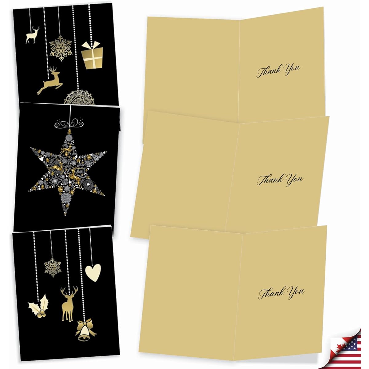 The Best Card Company Golden Holidays - 20 Assorted Boxed Christmas Thank You Cards with Envelopes (4 x 5.12 inches) - Gold Hanging Ornaments and Silver Swirls AM6723XTG-B2x10