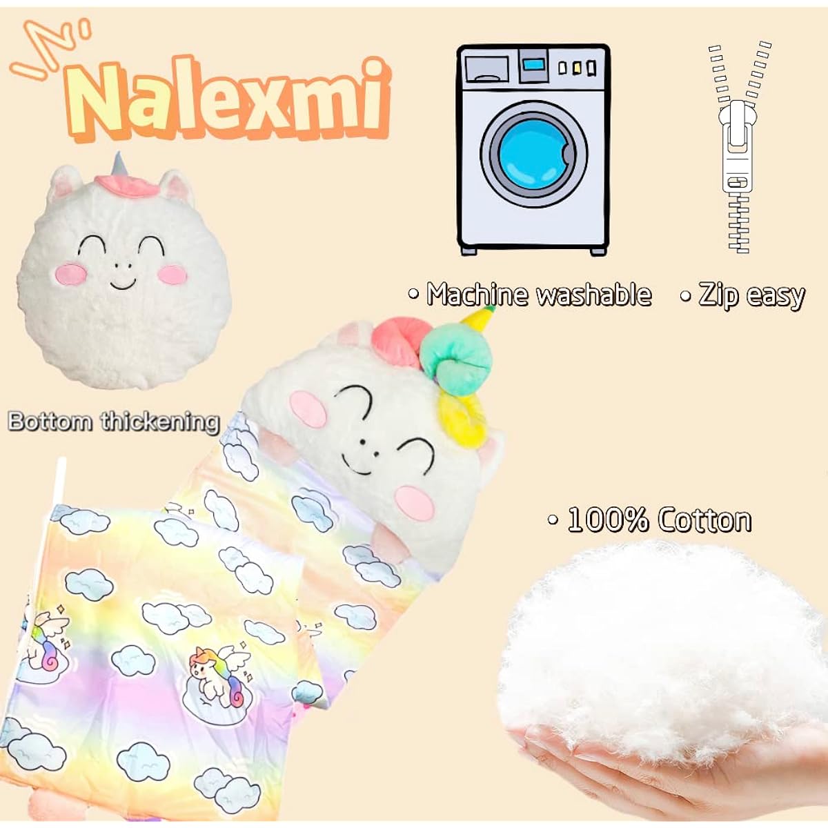 Nalexmi Kids Sleeping Bag, Animal Sleeping Bag for Kids Toddlers Boys Girls, Soft Pillow Head, Compact and Super Comfortable (Rainbow M)