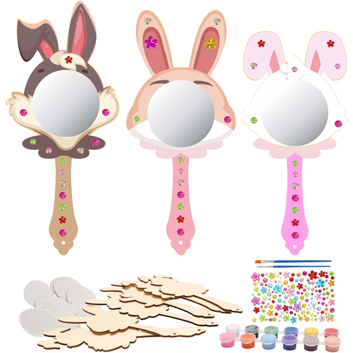 Fennoral Wooden Mirror Crafts 12 Pack - Do It Yourself Bunny Head Mirror for Kids, DIY Paint by Yourself Hand Mirror, Easter Art Activities, Spring Easter Gifts for Girls
