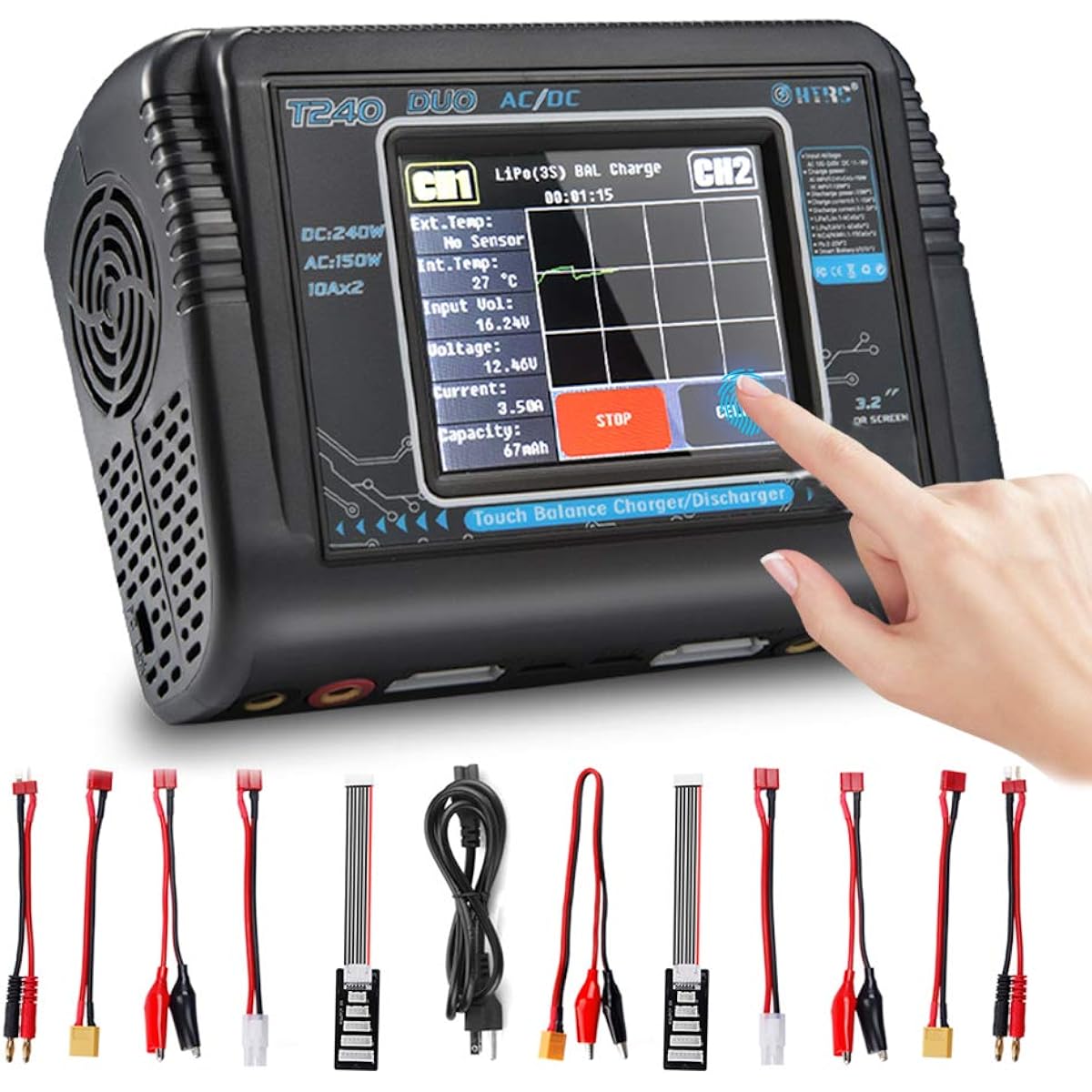 LiPo Charger RC Car Battery Charger Touch Screen Dual Balance Charger Discharge Charger AC 150W DC 240W 10A for Li-ion LiFe NiCd NiMH LiHV PB Smart Battery