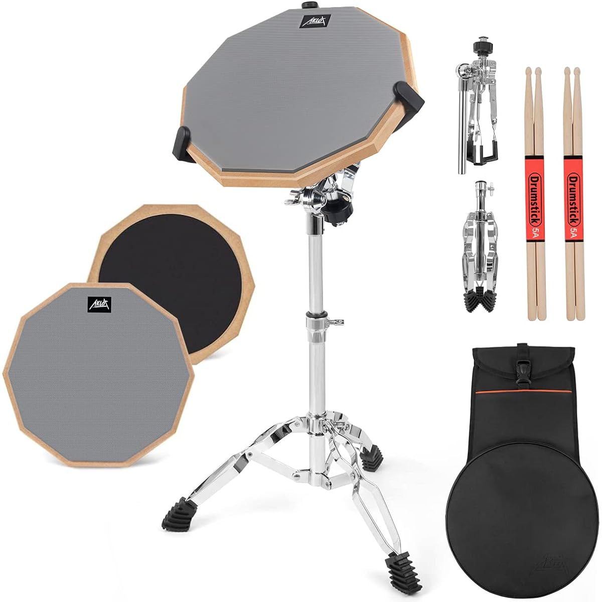 AKLOT Practice Pad 12 Inch Silica Gel Pad Drum Set for Adults and Children with Snare Drum Stand Double Sided Drumstick Bag MI3962-1 Light Gray