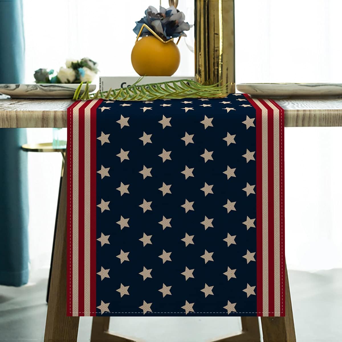 Rainlemon Linen Memorial Day Table Runner American Patriotic Home Dining Room Table Mantle Fireplace Decor (13" x 72")