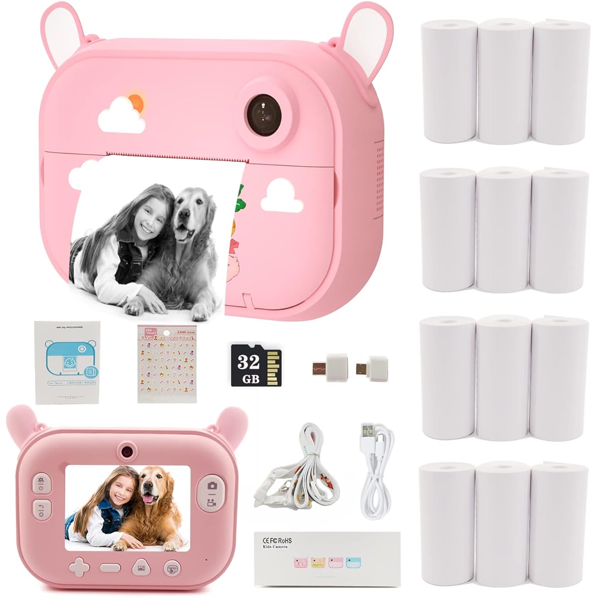 Kids Camera Instant Print Camera 12 Rolls Refillable Print Paper Christmas Birthday Gifts for Girls Toy Pink Camera Digital Video Selfie Zero Ink Print Photo Camera with 32GB TF Card
