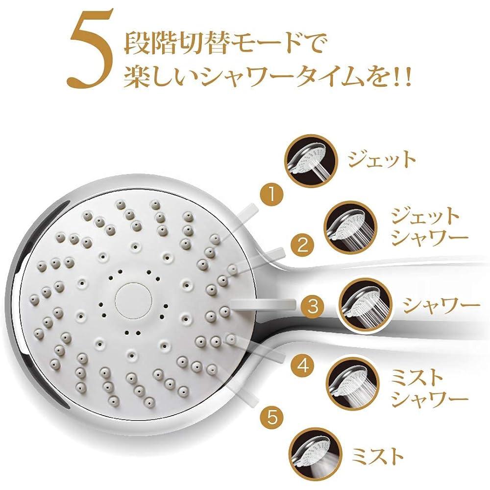 Ultra Fine Bubble Shower Head, Made in Japan, Aquabule Bonheur (Silver), Up to 65% Water Saving, 5 Stage Mode, Scalp Massage, Cleaning, Moisturizing, Warming and Beautiful Skin, Both types of bubbles are produced stably