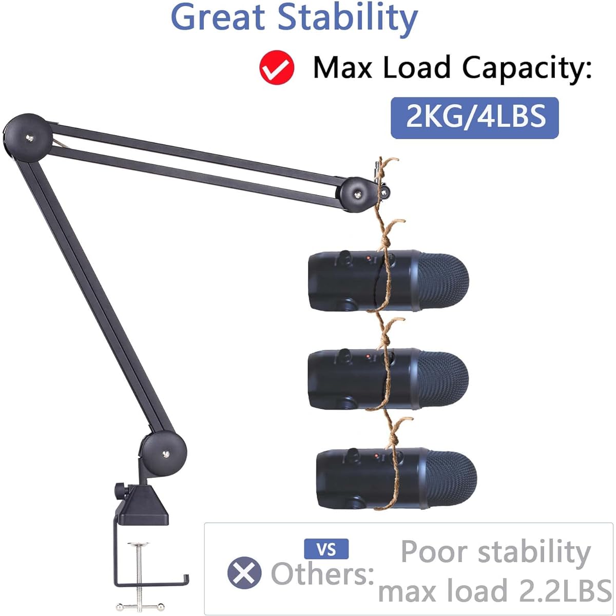 KOMISON Microphone Arm Stand Heavy Duty Microphone Arm Microphone Stand Suspension Scissor Boom Stand Cable Tie Blue Yeti Snowball for Gaming/Recording/Quadcasting (Black)